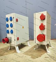 Изображение Щит распределительный для стройплощадки ЩРСП-63 на ножках с вводной вилкой  (розетки 6 х 16А 220В Schuko + 1 х 5п 16А 380В + 1 х 5п 32А 380В+ 1 х 5п 63А 380В) SS-31867 